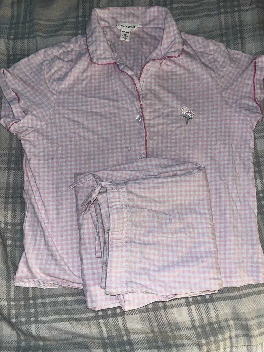 Laura Ashley Pink Gingham Two-Piece Pajama Set with Daisy Embroidery